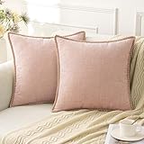 ANRODUO Pack of 2 Blush Pink Chenille Throw Pillow Covers 18x18 Inch Farmhouse Decorative Pillow Covers with Stitched Edge Soft Throw Pillows for Couch Sofa Bed and Living Room Spring Boho Home Decor