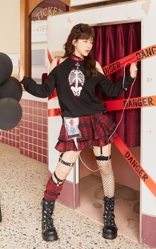 [Malymoon] ハロウィン コスプレ チェックスカート ヴァンパイア ロック レッド ホワイト ブラック コスチューム 衣装 仮装 十字架 おそろい 色違い レディース 大人 女性 ハロウィン 9点セット【9956】 詳細画像3