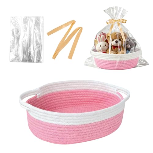Image of Basket for Gifts Empty, Small Woven Basket with Bags and Ribbons, Baby Toy Baskets with Handles, Wicker Storage Bin for Baby Showers or Pet Toy (Pink, 1 Pack (12 inchx 8 inchx 3.74 inch))