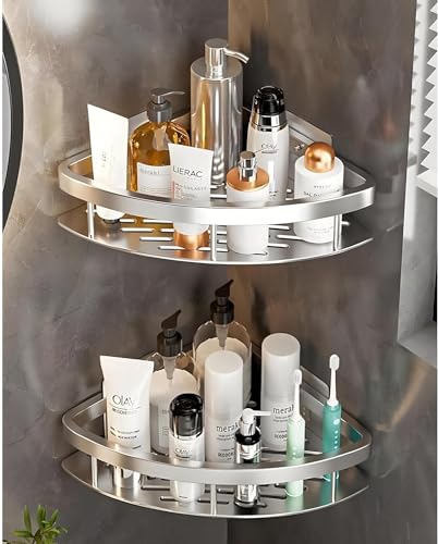Image of Boniry 2 Pcs Bathroom Accessories Aluminium Heavy Duty Self Adhesive Bathroom Corner Shelf for Wall, Multipurpose Wall Mounted Bathroom Organiser, Washroom Organizer (Silver)