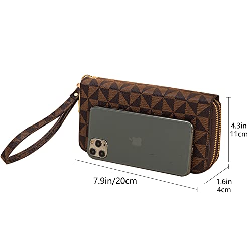 Veki Women's Wallet Double Zipper Pocket Wallets with Wrist Strap, Leather Credit Card Purse for Women Men (Brown)3