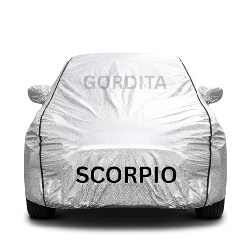 Image of Waterproof Car Body Cover for Scorpio All Weather Protection Comes with Inner Cotton Lining & Triple Stitched with Mirror & Antenna Pocket Belt & Elastic Fit Metallic Silver with Black Piping2
