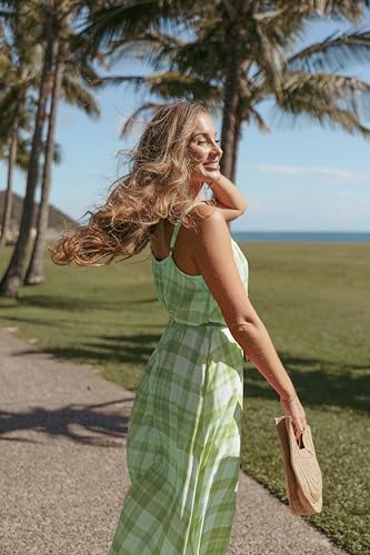 Image of LASPIA Spaghetti Strap Dresses for Women Plaid V Neck Maxi Sundress Beach Long Dress with Pockets