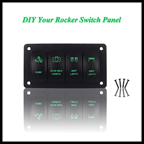Image of 4 Gang UTV Rocker Switch Panel Pre-Wired Aluminum Green Led Marine Grade Boat Switch Panel for Truck Pontoon Camper ATV Console Waterproof 12V 24V IP66