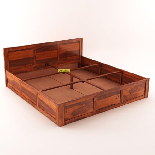 Image of Solid Sheesham Wood King Size Bed with Box Storage for Bedroom Furniture Wooden Palang for Living Room Furniture (Honey Finish)