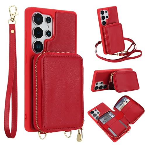 Étui portefeuille Galaxy S23 Ultra rouge en cuir avec fermeture éclair et sangle