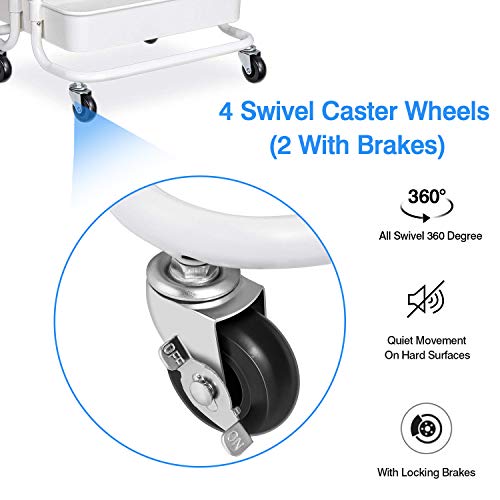 VSADEY 3 Tier Rolling Utility Cart with Wheels and Handle, Heavy Duty Mobile Kitchen Storage Cart Craft Cart Storage Trolley for Kitchen, Bathroom, Office Organization, Easy Assembly (White)