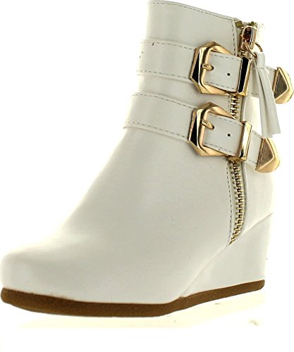 Link Peggy-90K Children Girl's Wedge Heel Double Straps High Top Ankle Booties,White,11
