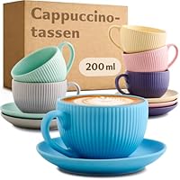 Cosumy Cappuccinotassen Bunt mit Untertassen 6er Set - 200ml - Keramik Streifenmuster - Spülmaschinenfest - Cappuccino Tassen mit Henkel
