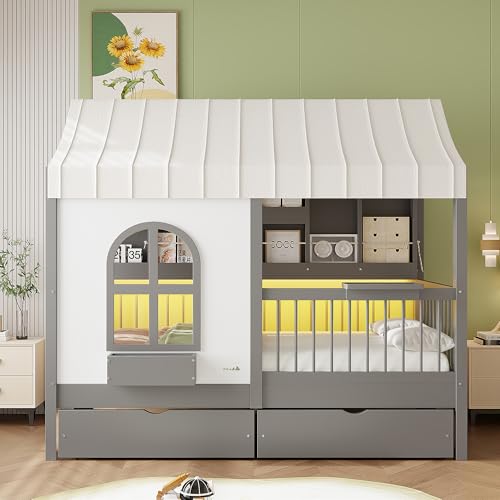 Image of Twin Size House Bed with 2 Large Drawers, Side Bookshelf with LED Strip, Cozy Reading Nook & Playhouse for Boys & Girls (Gray-TT)