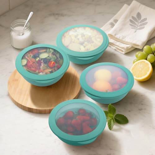 Image of 40 OZ Wheat Straw Bowls with Lids Set, 4 PCS Unbreakable Salad Bowls with Lid, Alternative Plastic Food Containers with Lids for Lunch, Microwave & Dishwasher Safe Kitchen Bowl Set, Green