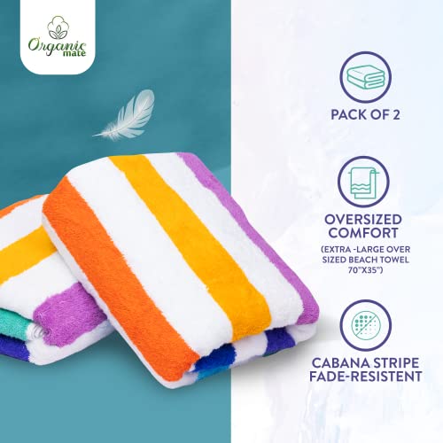 Organic Mate Large Beach Towels Set Of 2-35X70 Soft & Absorbent Oversized Sheet Made Of 100% Cotton - For Swimming Pool, Home, Bath, Spa & Outdoor Use - Bright Colors Elegant Striped Design #TOP1