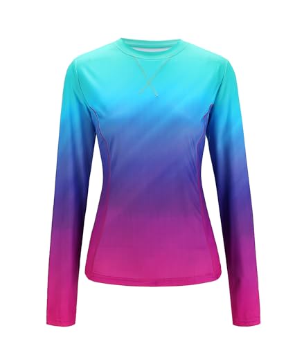 Avoogue Womens Rashguard Long Sleeve with Thumb Holes Moisture Wicking UV Protection Shirts Workout Hiking Tops(Gradient Rainbow,M)