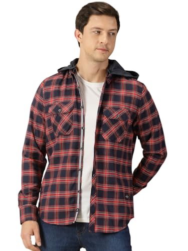 Image of Thomas Scott Men's Cotton Classic Hood Collar Tartan Checks Casual Shirt