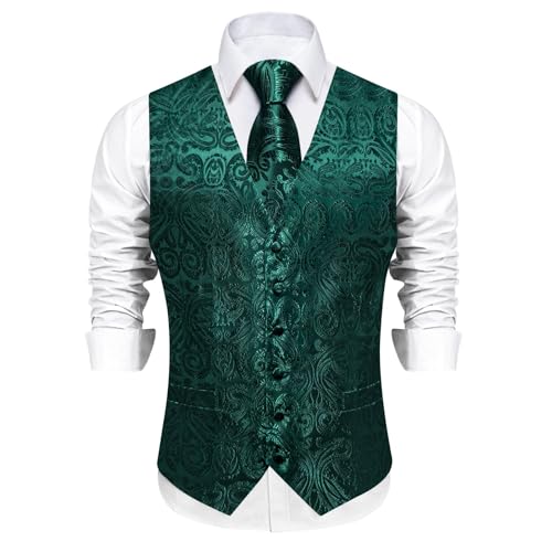 DiBanGu Mens Paisley Vest Tie Set with Lapel Pin Tie Clip 7PCS Silk Woven Necktie and V-Neck Suit Waistcoat for Tuxedo Party2