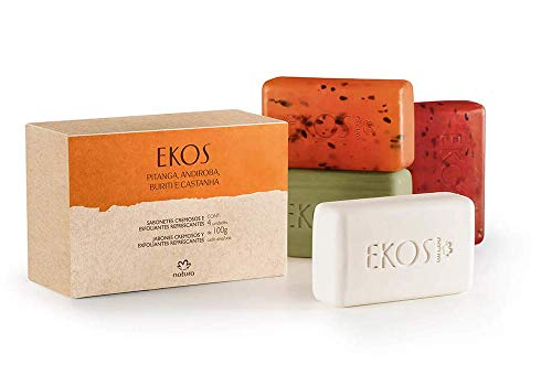 Linha Ekos Natura - Sabonetes em Barra Puro Vegetal Sortidos Cremosos (Andiroba e Castanha) e Esfoliantes Refrescantes (Buriti e Pitanga) 4 x 100 Gr - (Assorted Vegetable Bar Soaps 4 x Net 3.5 Oz)