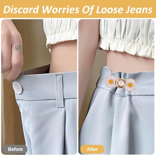 Image of 4Pcs Daisy Jeans Tightening Clips, Flower Detachable Jeans Adjustable Button Pins, Adjustable Waist Buckle for Women, Instant Pants Waist Tighteners for Loose Waist for Pants Skirts