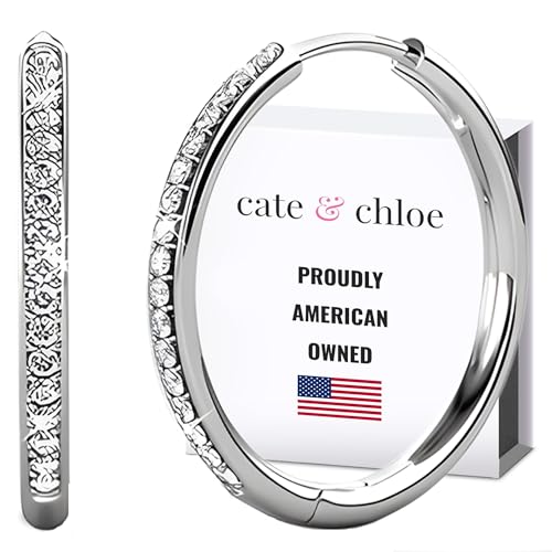 Cate & Chloe Bianca 18k White Gold 25mm Silver Hoop Earrings with Round Cut Simulated Diamond Crystals, Hypoallergenic Jewelry for Women, Gift for Her