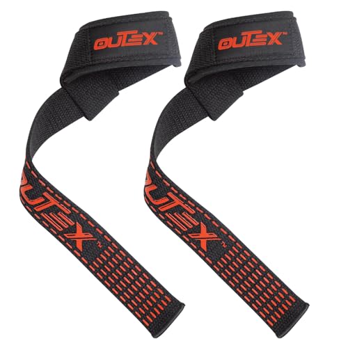 Outex Lifting Wrist Straps for Weightlifting, Gym, Powerlifting, Deadlifts, Bodybuilding, Workout, Strength Training - Premium Cotton with Neoprene Pad (Black-Red Silicone)