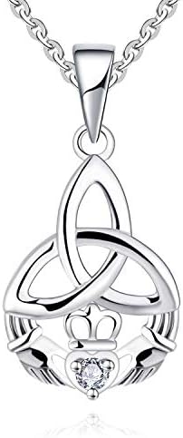 JO WISDOM Women Necklace,925 Sterling Silver Irish Celtic Claddagh Love Heart Pendant Necklace with AAA Cubic Zirconia