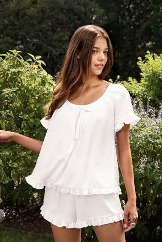 KFUBUO Womens Pajamas Set 2 Piece Ruffle Pj Soft Short Sleeve Tops and Shorts Sleepwear Set Cute Pajama Sets for Women3