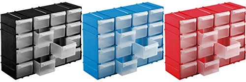 Kigima Sortierbox 3er Set 22x15x8cm 16 Fächer Rot, Blau, Schwarz – Praktisches Kleinteilemagazin aus Plastik – Sortimentskasten für Wandmontage geeignet – ideal als Werkstatt Organizer
