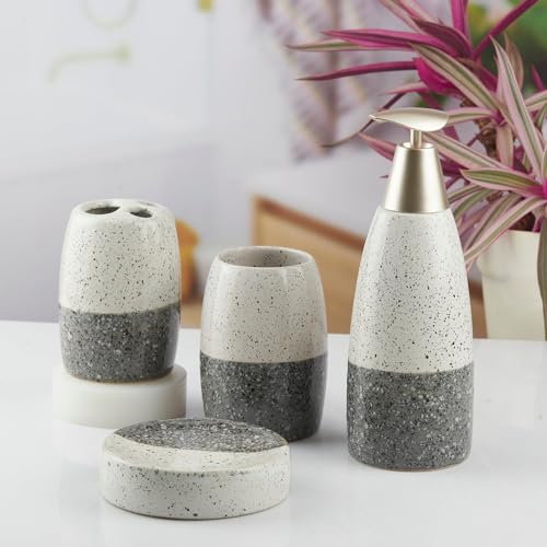 Image of SaSaSa Ceramic Bathroom Accessories Set of 4 Modern Bath Set with Soap Dispenser & Toothbrush Holder, Luxury Home & Gift Idea, Grey (10480)