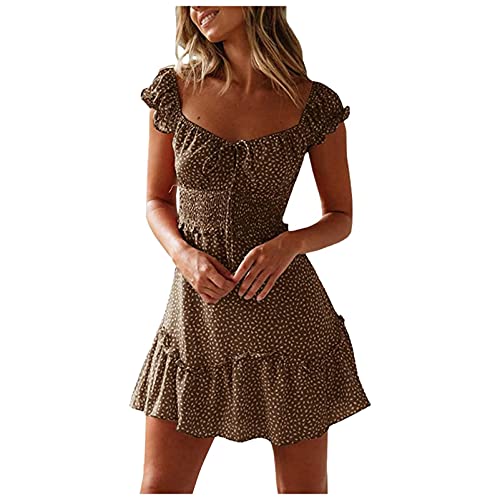 OutTop01 Summer Dresses for Women Casual Beach Sundress Pleated Sleeve Plus Size Bohemian Print Mini Dress Sundress (Brown, S)