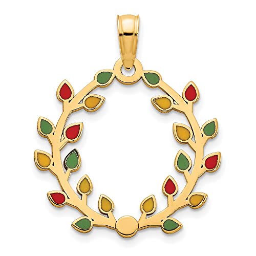 14k Yellow Gold Laurel Wreath Pendant with Red Green Yellow Enamel Leaves, Symbolic Roman Greek Achievement Jewelry, Unisex Victory Charm, Classical Motif Necklace for Honor and Meaning 18 mm x 18 mm