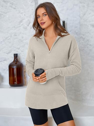 PRETTYGARDEN Womens Long Sleeve Quarter Zip Pullover Sweater Casual Loose V Neck Collared Ribbed Knit Jumper Tops Thumb Hole3