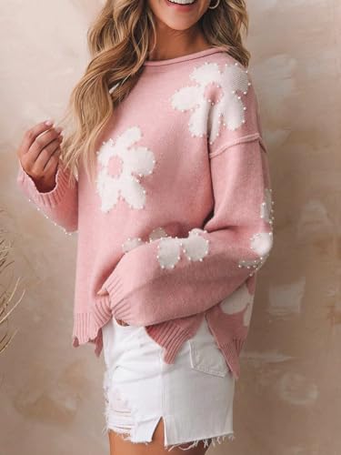 Image of Women's Cute Heart Sweater Love Print Valentine Romantic Knitted Top Casual Crewneck Long Sleeve Sweaters Pullover