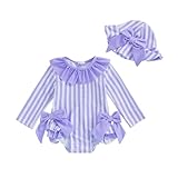 Baby Girl Swimsuit Long Sleeve One Piece Swimsuit Romper with Hat Ruffle Zipper Swimwear Infant Newborn Bathing Suit (Purple, 3-6 Months)