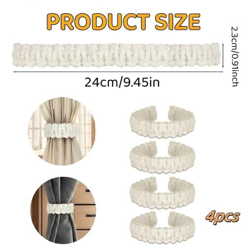 4 Pack White Braided Curtain Tiebacks, Farmhouse Boho Rustic Holdbacks, Handmade Decor Accessories for Home Office Bedroom Window Drapes (4, White)