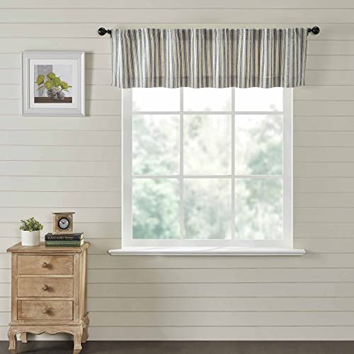 Piper Classics Market Place Blue Ticking Stripe Valance Curtain, 16" X 72", Farmhouse Style Blue & Natural Cream Window Curtain, Kitchen, Bath, Bedroom #TOP1