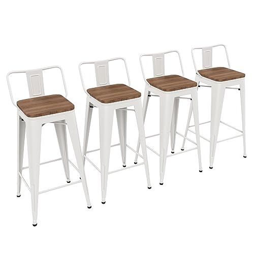 Image of Yongchuang 30 inch Metal Bar Stools Set of 4 Bar Height Barstools with Wood Seat Low Back Kitchen Bar Chairs Cream White