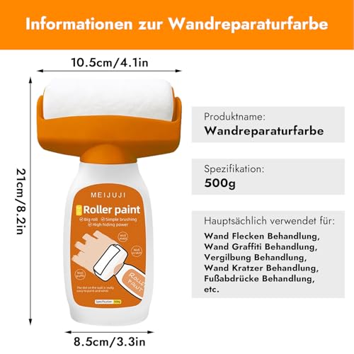 Piashow Wandfarbe Ausbessern Weiß 500g, 2 in 1 Wandfarbe Weiß, Wandreparatur RollbüRste mit Wandreparaturpaste, Ausbesserungsfarbe Weiss zum Ausbessern von Graffiti, Flecken, Kratzern usw (Orange)