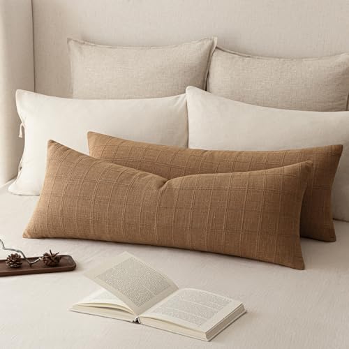 Image of Foindtower Set of 1 Decorative Linen Check Throw Pillow Cover Neutral Farmhouse Lumbar Cushion Cover Soild Modern Boho Home Decor for Sofa Chair Couch Bedroom Living Room,14x36 Inch,Brick