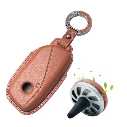 Image of Keyzone Premium Leather Key Cover & AC Vent Car Perfume Combo (4 Fragrances) | Compatible for BMW 7 Series 740i 760i X1 X7 XM IX I7, X5 2023 Onwards 4 Button Smart Key (Brown)