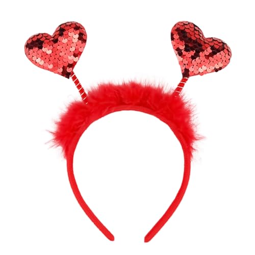 Valentine Double Heart Headband Glitter Head Boppers Headbands Sequin Love Hair Band Red Fax Fur Hair Hoop Sparkle Heart Hair Accessories for Girls Women Valentine's Day Wedding Party Gift