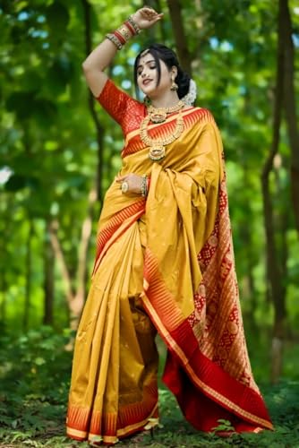 Image of NEW COLLECTION Women's Odisha Handloom Sambalpuri Pata Saree Temple Border Pasapalli Bomkai Buti Boyanika Design Saree Banarasi Soft Papa Silk Simple Ethnic Orissa Sari with Blouse Piece
