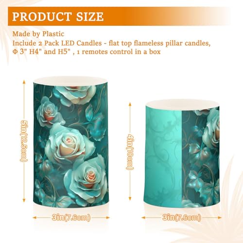 Image of Teal Lights Flameless Candles Vintage Turquoise Green Roses Pillar Candles Set of 2 Battery Operated Remote Control Warm Lights Home Decor