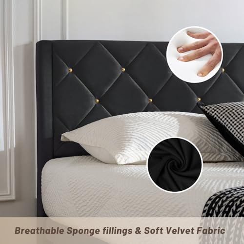 Queen Bed Frame with Headboard, Bed Frame Queen Size with Sturdy Wooden Slats Support, Platform Frame with Velvet Upholstered Headboard, Mattress Foundation, Easy Assembly, No Box Spring Needed Black - Image 6
