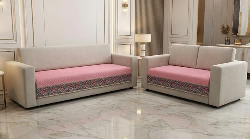 Image of Velvet Quilted Sofa Cover Mat Seat & Back, 3+2 Set, Total L115in H32in (3+2), Baby Pink Color,Anti Skid Backing, 6in Hanging Strap Design, Washable Soft, Style -BabyPink-S32