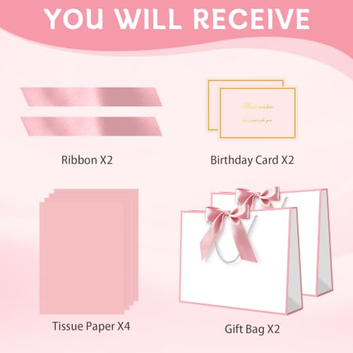 Image of JMANNI Gift Bags with Handles, 13 inch Medium Gift Bag for Presents, 2 Pcs Bags with 4 Tissue Paper and 2 Cards for Graduation Baby Shower Wedding Fathers Day Mother's Day Birthday Party(white pink)