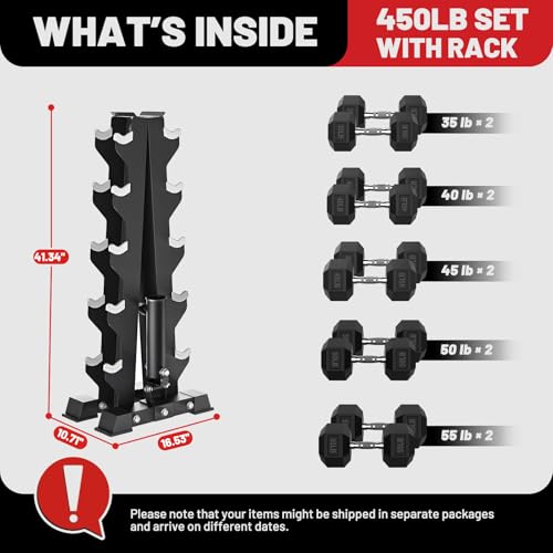 Image of PAPABABE Hex Dumbbell Sets with Rack, 100-600lb Rubber Coated Dumbbell Weight Set and Storage Rack, Multiple Options Hand Weights for Strength Training