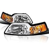 SPEC-D TUNING Chrome Housing Clear Lens Headlights Compatible with 1999-2004 Ford Mustang L+R Pair Head Light Lamp Assembly