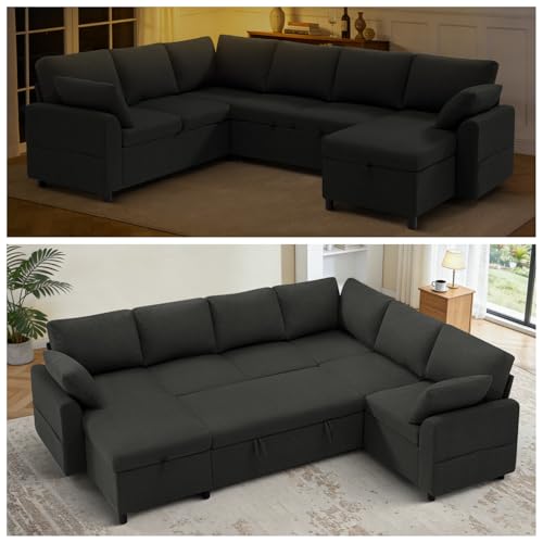 Image of 112 inch Fabric Sectional Sofa w /Pull Out Bed &Storage Chaise,Dark Grey