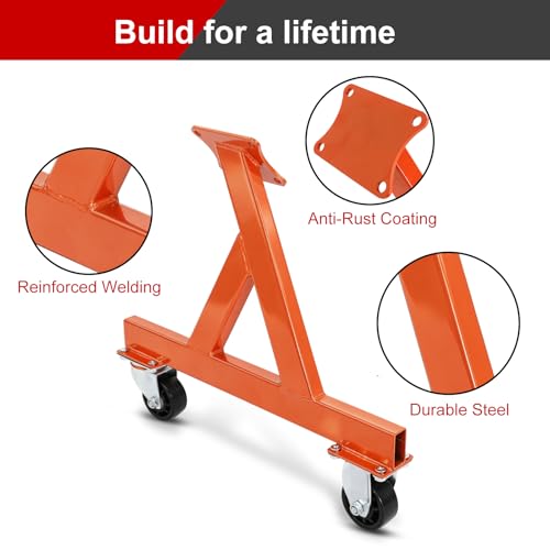 Image of Metal Engine Stand for LS Series V8 Engines - Heavy Duty Steel Cradle (2 PCS), Rolling Storage Stand with Swivel Casters, Engine & Transmission Storage Support, Orange