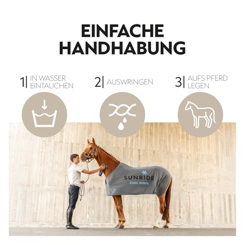 SUNRIDE Kühldecke für Pferde (Cool Down) 3-teilig - mit Halsteil und Tuch - sofortiger Kühleffekt durch Verdunstungskälte - nachhaltig - einfache Anwendung - grau (115 cm)