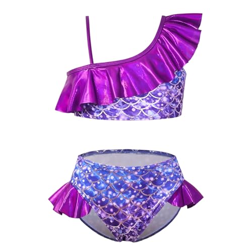 Image of CHILDRENSTAR Girls Metallic Bathing Suits Shiny Ruffles One Shoulder 2 Pieces Swimsuits Cute Bikini Set
